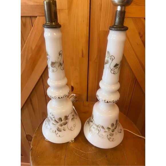 MID CENTURY GLASS  BELL  LAMPS HAND  PAINTED GILDED  15''  ELEGANT  SUPER NICE - Picture 3 of 6